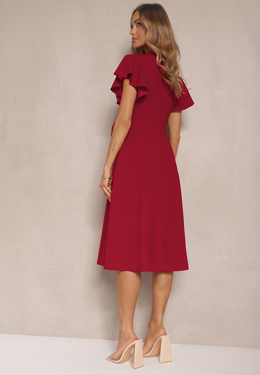 Bordowa Kopertowa Sukienka z Rozkloszowanym Dołem i Ozdobnym Wiązaniem Dannola