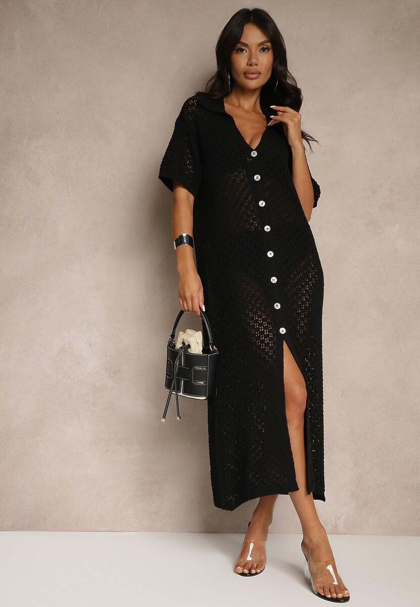 Czarna Koszulowa Sukienka z Bawełną z Siateczki Folesia