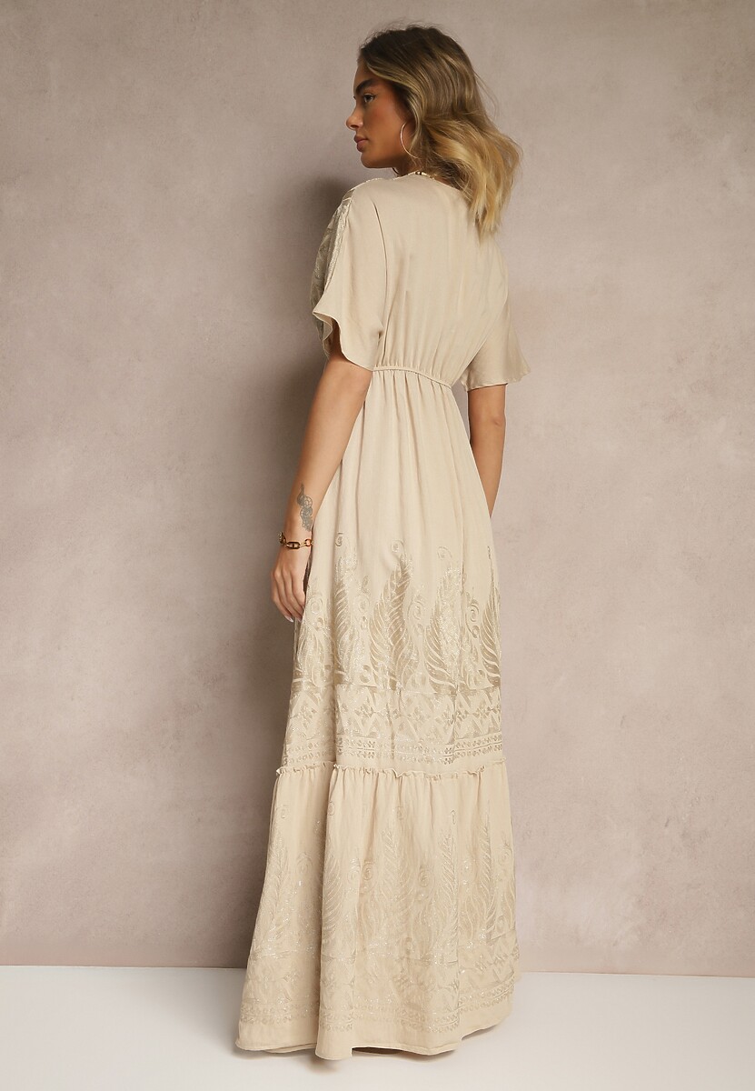 Beżowa Wiskozowa Sukienka Kopertowym Dekoltem i Frędzlami Redevie