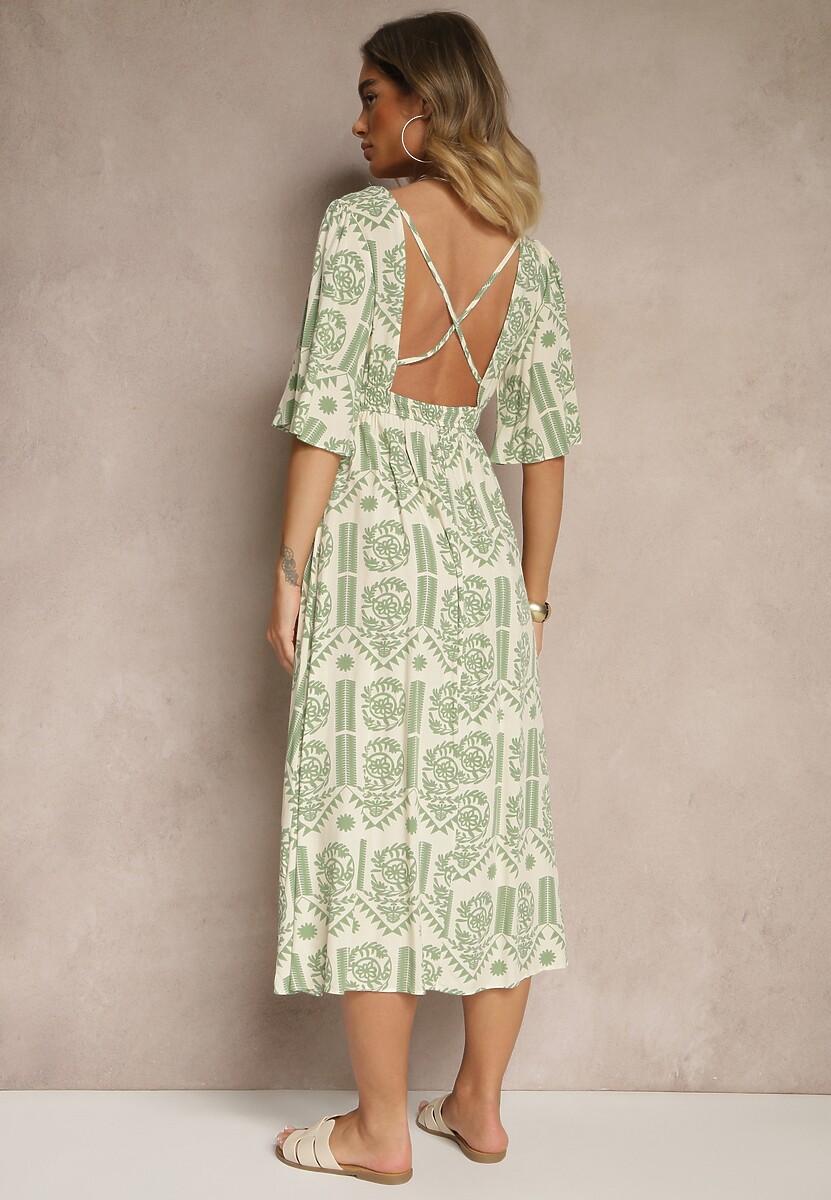 Zielono-Kremowa Sukienka Boho Rozkloszowana z Wiskozy z Odkrytymi Plecami Tuvria