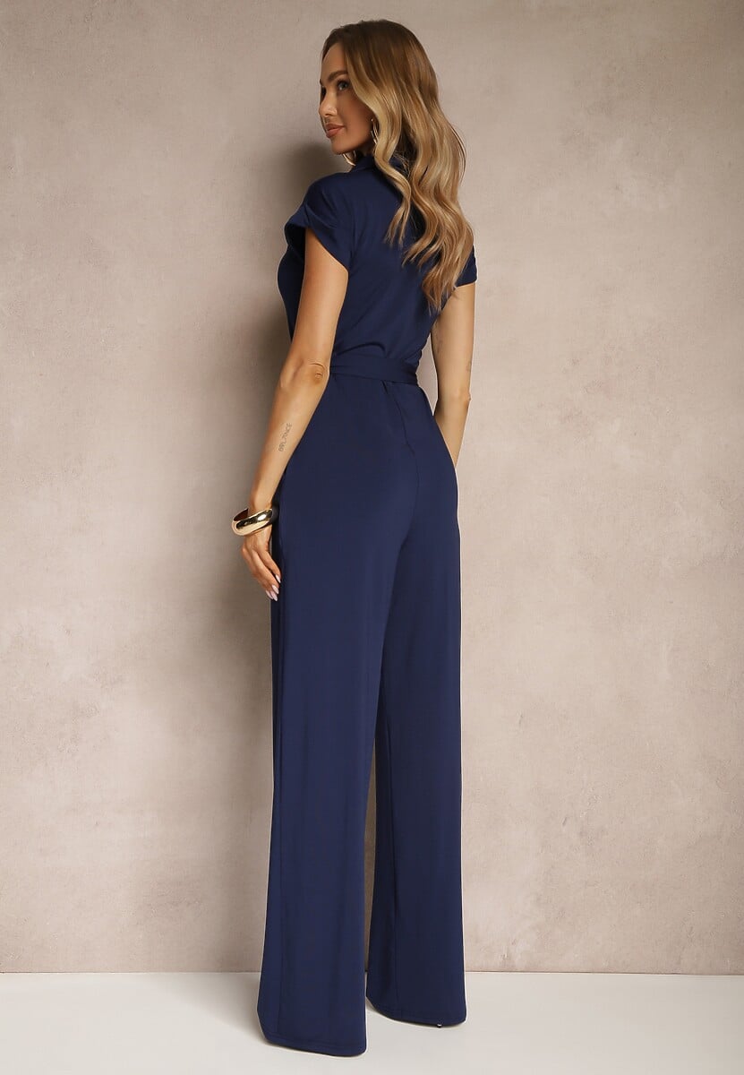 Granatowy Kombinezon z Wiskozą o Koszulowym Kroju z Wiązanym Paskiem Ninathra