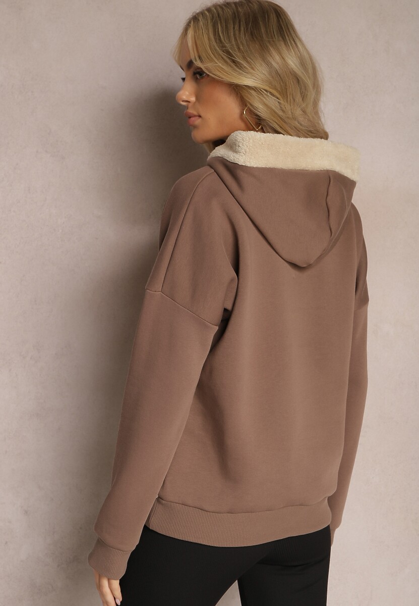 Brązowa Bluza z Bawełny z Ozdobną Naszywką z Misiem i Polarowym Kapturem Hecatia