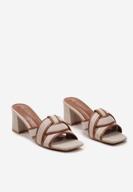 Beżowo-Brązowe Klapki na Powlekanym Słupku ze Splątanym Paskiem Aheloria
