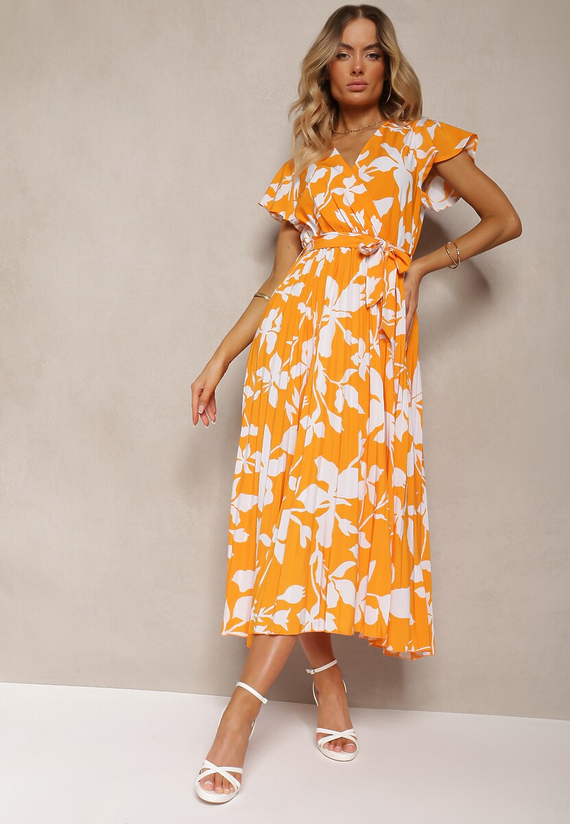 Pomarańczowa Sukienka z Kopertowym Dekoltem Plisowanym Dołem Wykończona w Talii Paskiem i Gumką Elsavia