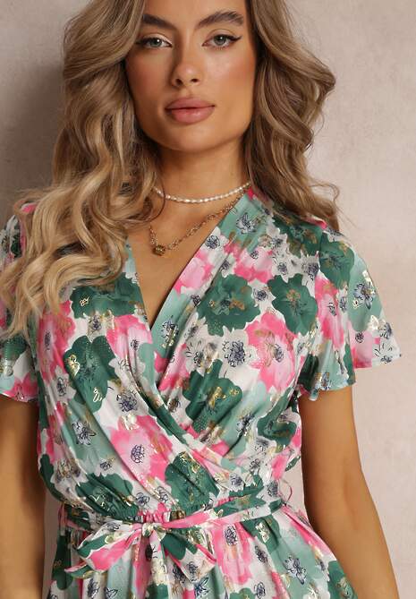 Zielona Rozkloszowana Sukienka z Kopertowym Dekoltem i Wiązanym Paskiem Kanges