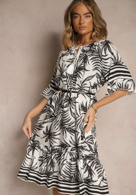 Biała Pudełkowa Sukienka Zdobiona Roślinnym Printem i Wiązaniem przy Dekolcie Miranissa