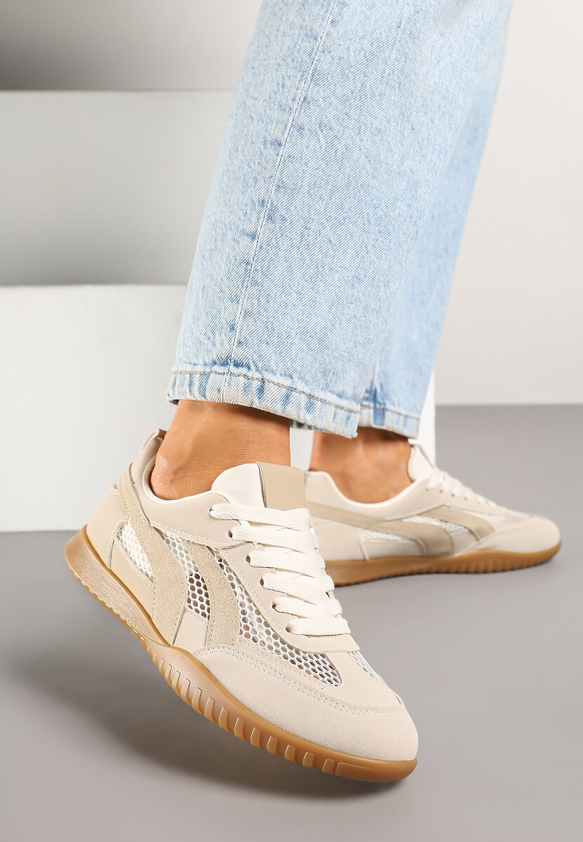 Ciemnobeżowe Sneakersy Tenisówki z Geometrycznym Motywem Amotheira