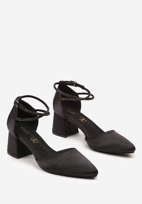Czarne Czółenka Satynowe Vices na Słupku z Wkładką ze Skóry Naturalnej i Paskami z Cyrkoniami Riastella