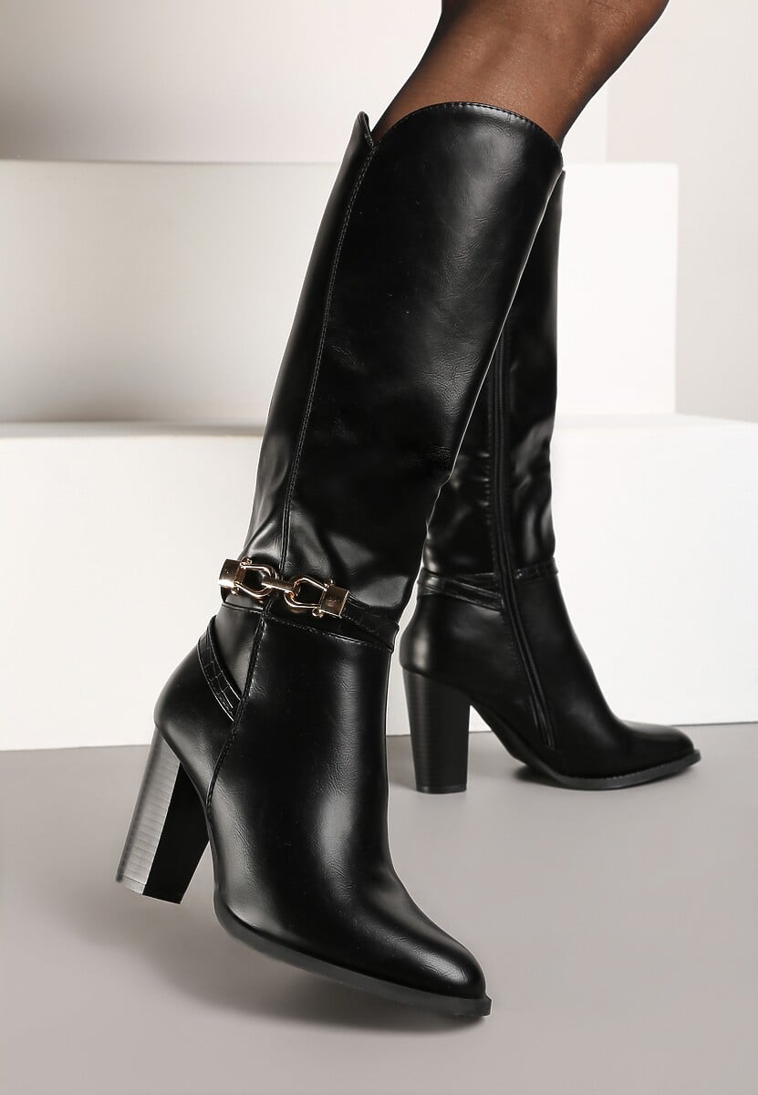 Czarne Kozaki na Słupku Muszkieterki z Klamerką Vortilina