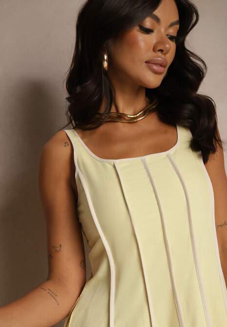 Żółta Sukienka z Wiskozą o Rozkloszowanym Kroju w Pionowe Prążki Gonariel