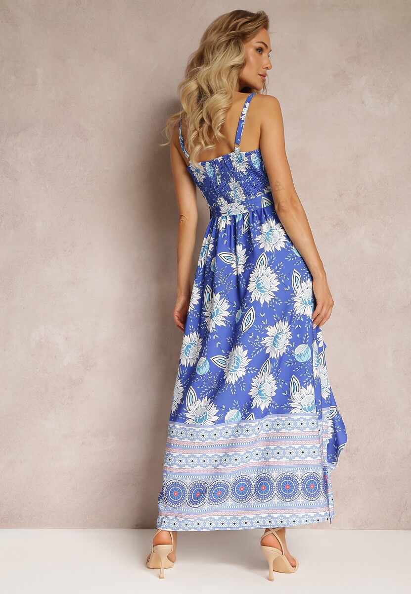 Niebieska Sukienka Maxi na Cienkich Ramiączkach i Rozkloszowanym Dołem z Falbanką Charlei