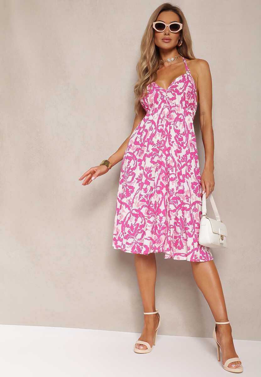 Różowa Sukienka z Kopertowym Dekoltem na Ramiączkach Wiązana na Szyi Ieviana