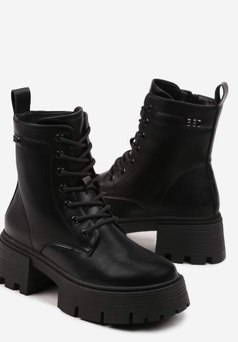 Czarne Botki Workery na Platformie i Słupku ze Sznurowaniem Iniefra