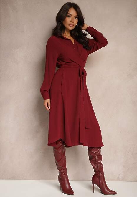 Bordowa Sukienka Midi z Kołnierzykiem i Materiałowym Paskiem Rasik