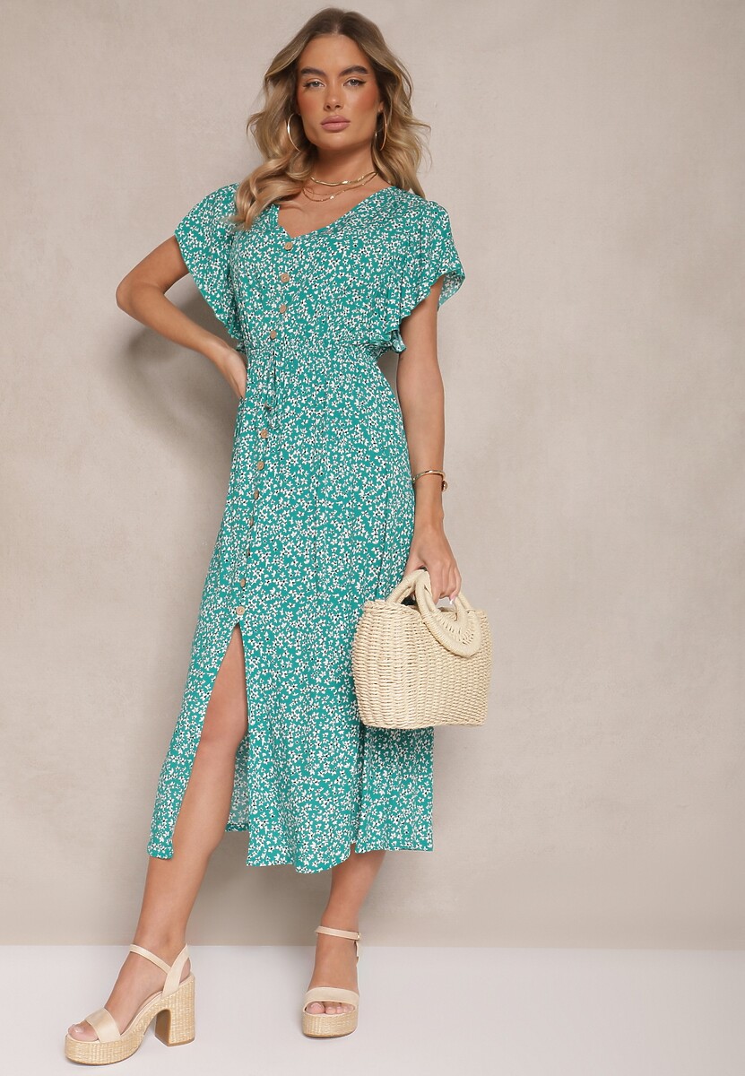 Zielona Rozkloszowana Sukienka z Bawełny z Gumką w Pasie w Drobne Kwiaty Pulinea