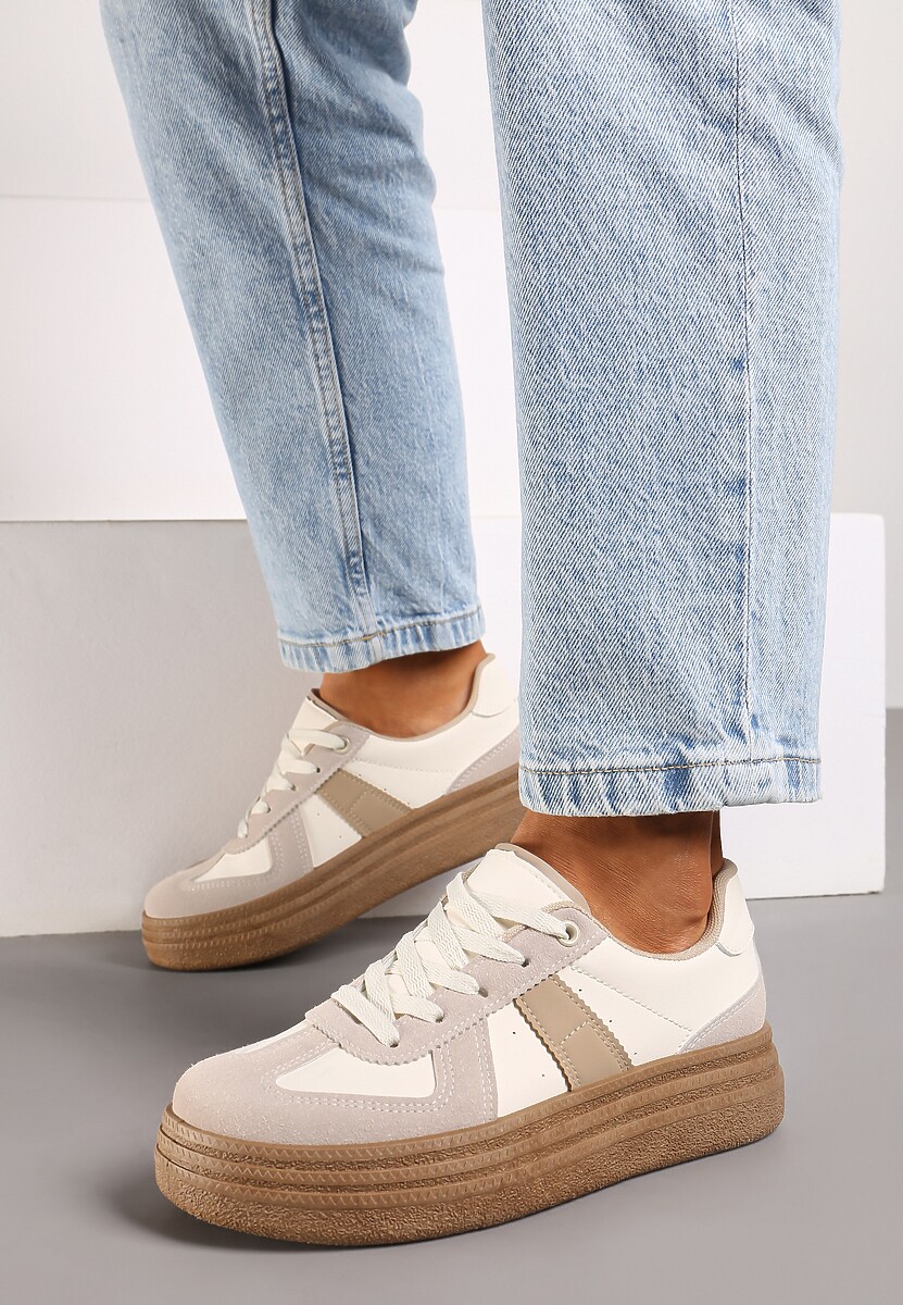 Ciemnobeżowe Sneakersy na Grubej Podeszwie z Ozdobnymi Przeszyciami Ysdole