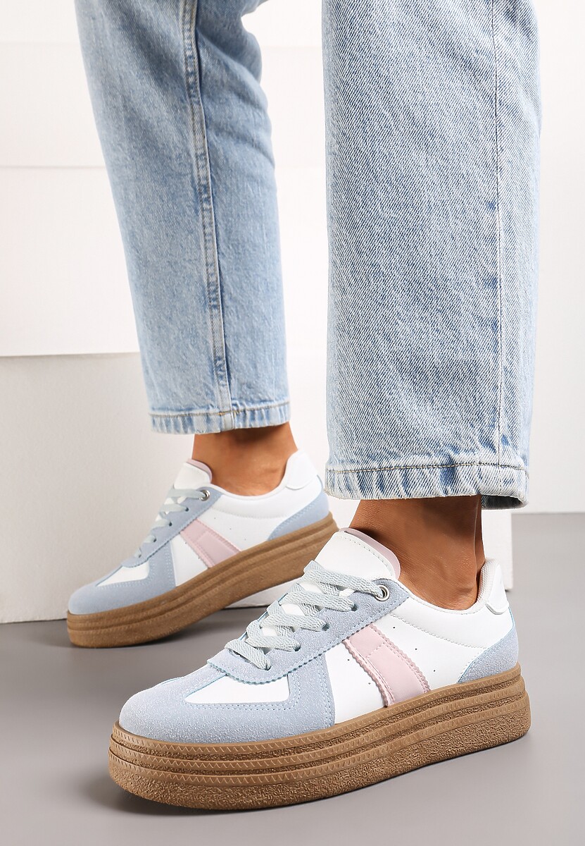 Niebiesko-Białe Sneakersy na Grubej Podeszwie z Ozdobnymi Przeszyciami Ysdole