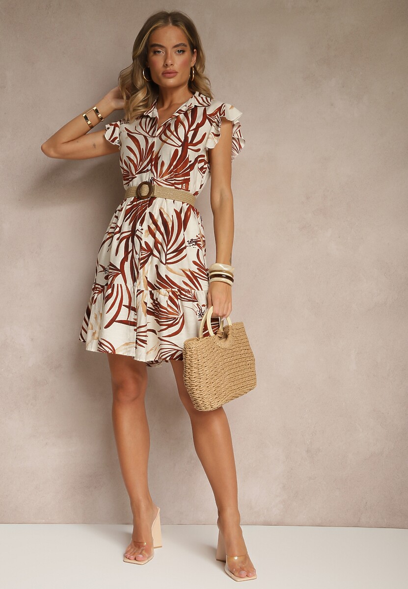 Brązowa Sukienka z Bawełną Lnem i Wiskozą w Liście Lilestia