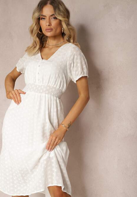 Biała Sukienka z Bawełny o Haftowanym Wykończeniu z Gumkami w Talii Hattilla