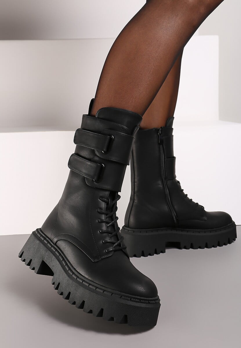 Czarne Botki na Platformie w Stylu Workerów Ozdobione Paskami na Rzep Sairona