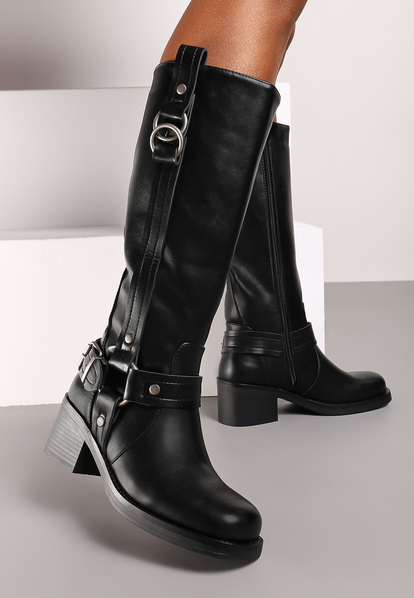 Czarne Kozaki na Słupku w Stylu Bikerów z Klamrami Velarisea