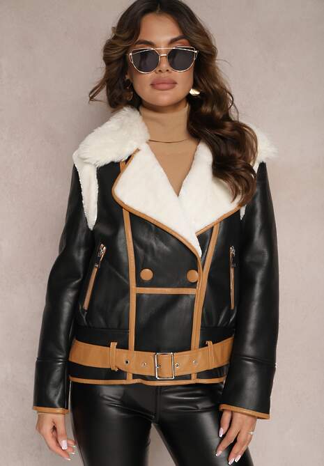 Czarna Kurtka Biker z Ozdobną Lamówką Paskiem z Klamrą i Futerkiem Liraeua