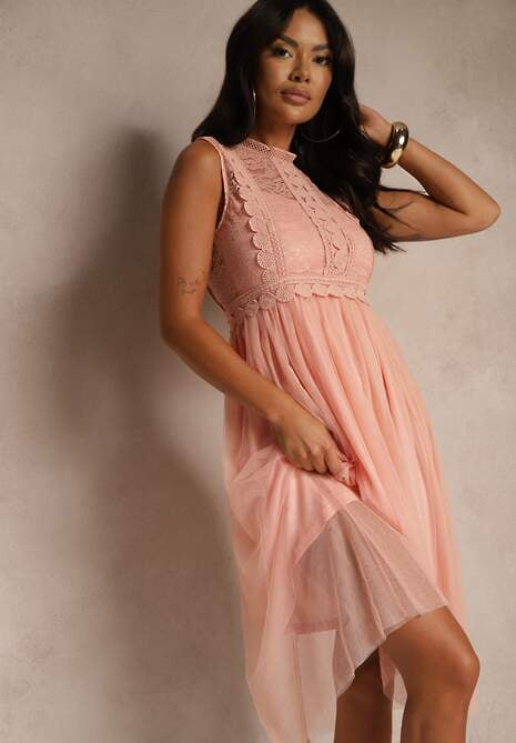 Ciemnoróżowa Koktajlowa Sukienka Midi z Koronkową Górą i Tiulowym Dołem Nebulia