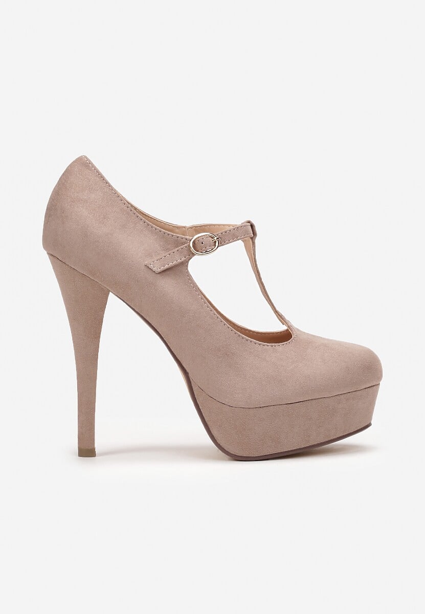 Ciemnobeżowe Czółenka z Paskiem na Platformie Leyli