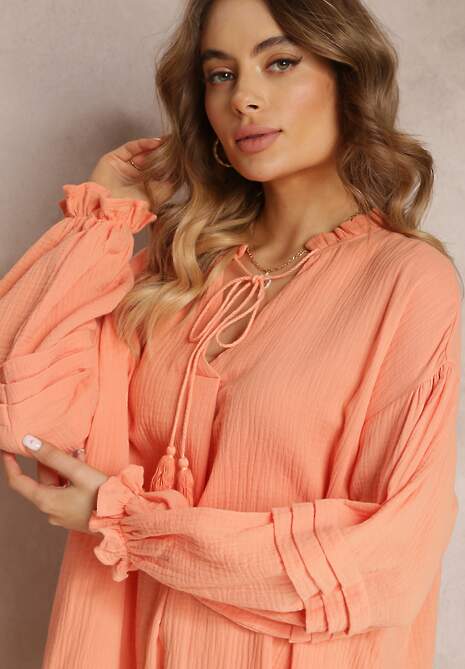 Pomarańczowa Sukienka Mini z Bawełny z Ozdobnymi Rękawami i Wiązaniem przy Dekolcie Shamika