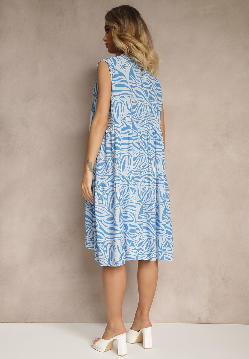 Niebieska Rozkloszowana Sukienka z Bawełny w Geometryczny Wzór Annilessa