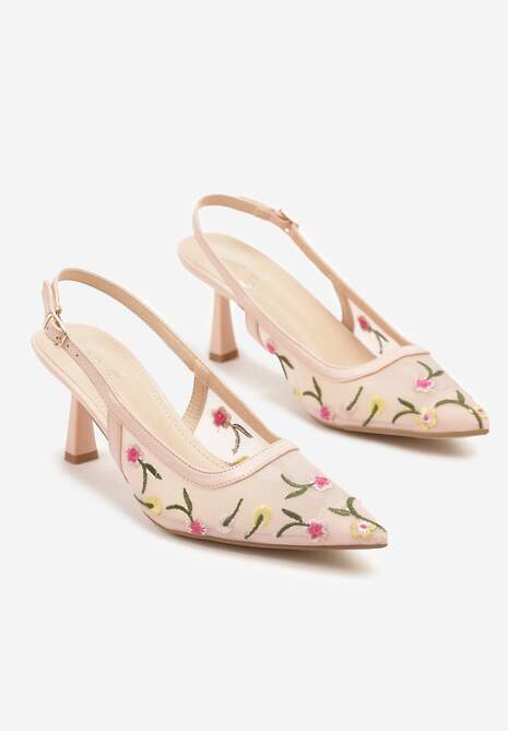 Różowe Sandały na Klepsydrze z Noskiem w Szpic i Kwiatowym Haftem Noltewi