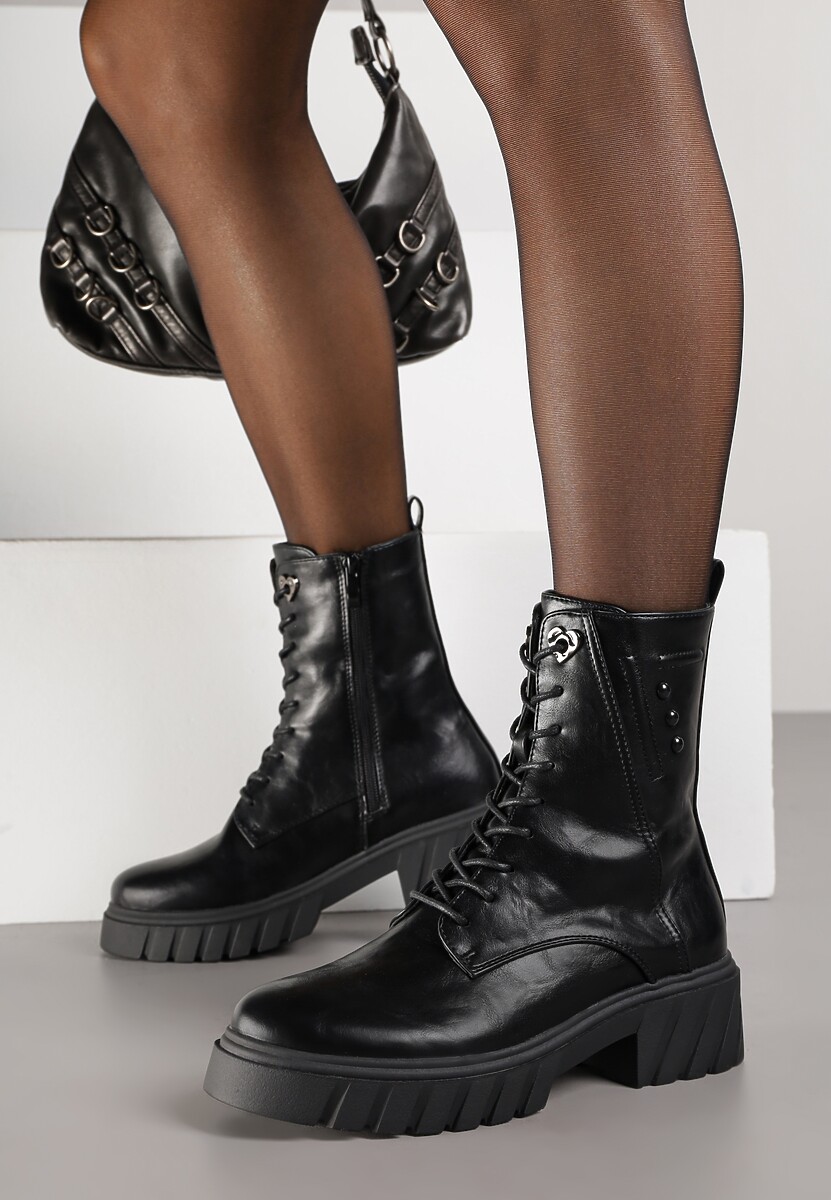 Bordowe Rockowe Botki Workery Zdobione Nitami Eratila