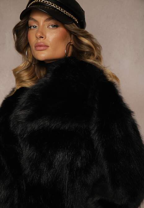 Czarna Elegancka Kurtka Futerko z Kołnierzem Vertirida