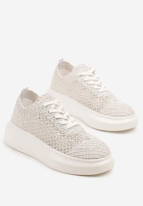 Białe Sneakersy Typu Tenisówki z Ażurową Cholewką i Skórzaną Wkładką Sonelis