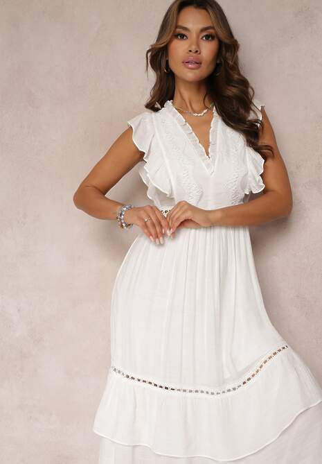 Biała Rozkloszowana Sukienka z Falbankami i Koronką Apoline
