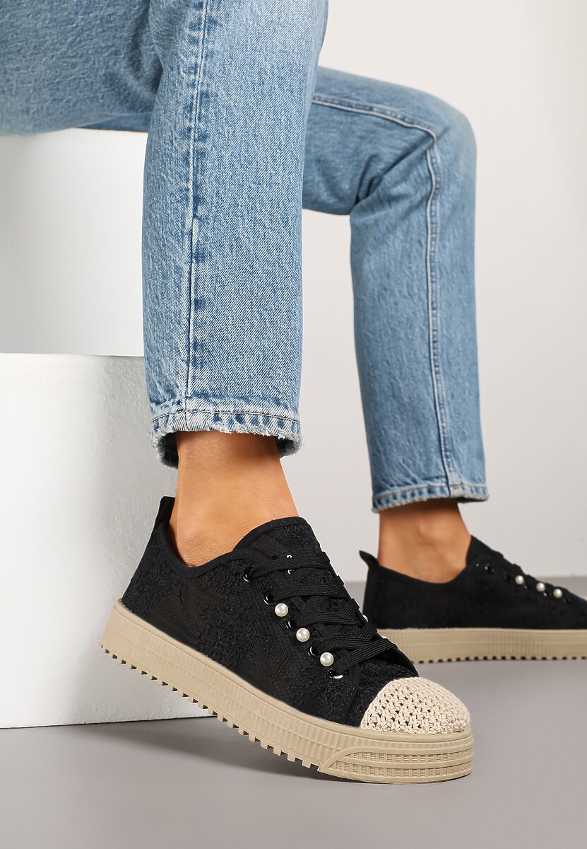 Czarne Ażurowe Trampki z Plecionką Ellisine