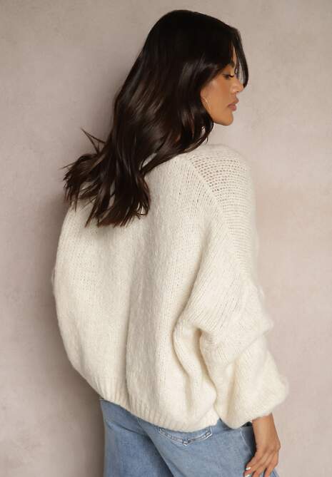 Beżowy Kardigan z Wełną o Kroju Oversize z Wiązanymi Kokardami Elearina