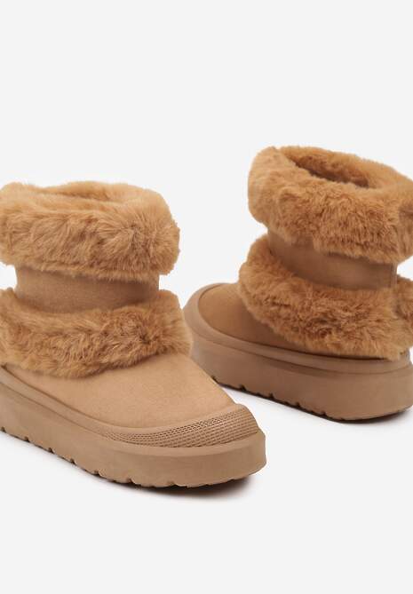 Brązowe Futerkowe Botki Śniegowce na Płaskiej Podeszwie Ivaliona