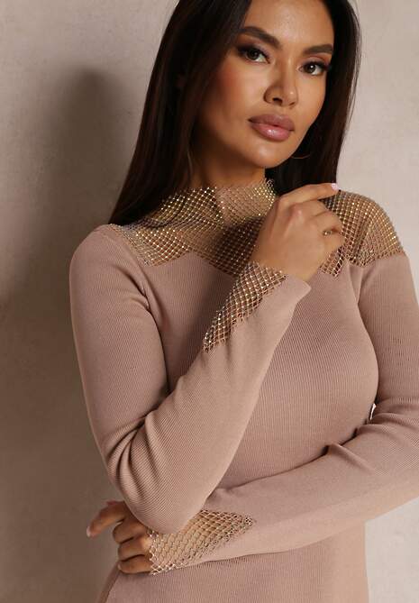 Beżowa Sukienka Dopasowana z Siateczką przy Dekolcie Yule