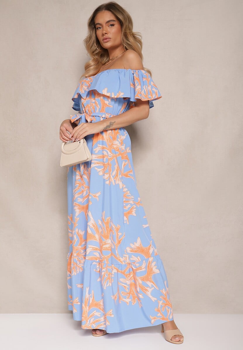 Niebieska Rozkloszowana Sukienka Hiszpanka z Wiązaniem w Talii Sesalira