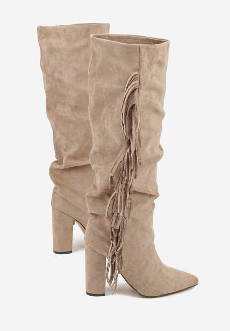 Ciemnobeżowe Kozaki Kowbojki na Słupku z Frędzlami na Cholewce Badina