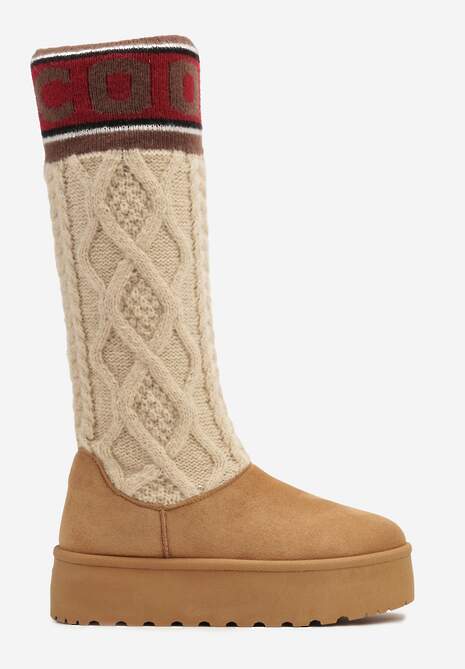 Brązowe Kozaki z Ekozamszu na Grubej Podeszwie z Dzianinową Cholewką o Skarpetkowym Fasonie Kaielia