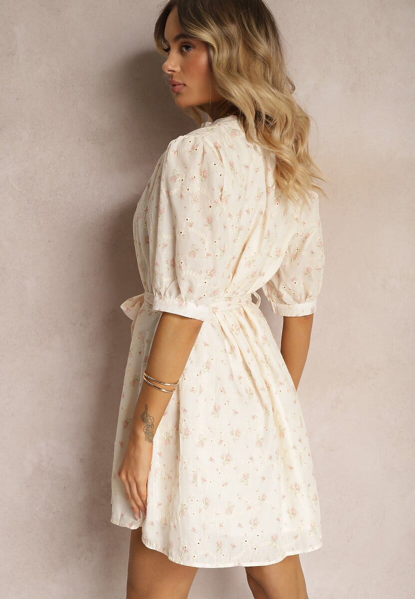 Beżowo-Różowa Trapezowa Sukienka o Kroju Koszulowym Ozdobiona Materiałowym Paskiem w Talii Darnagia