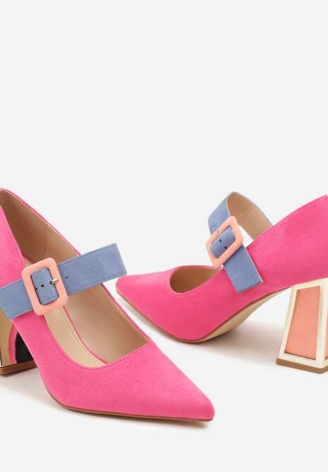 Fuksjowe Czółenka na Słupku z Metalicznymi Wstawkami i Paskiem Enavina