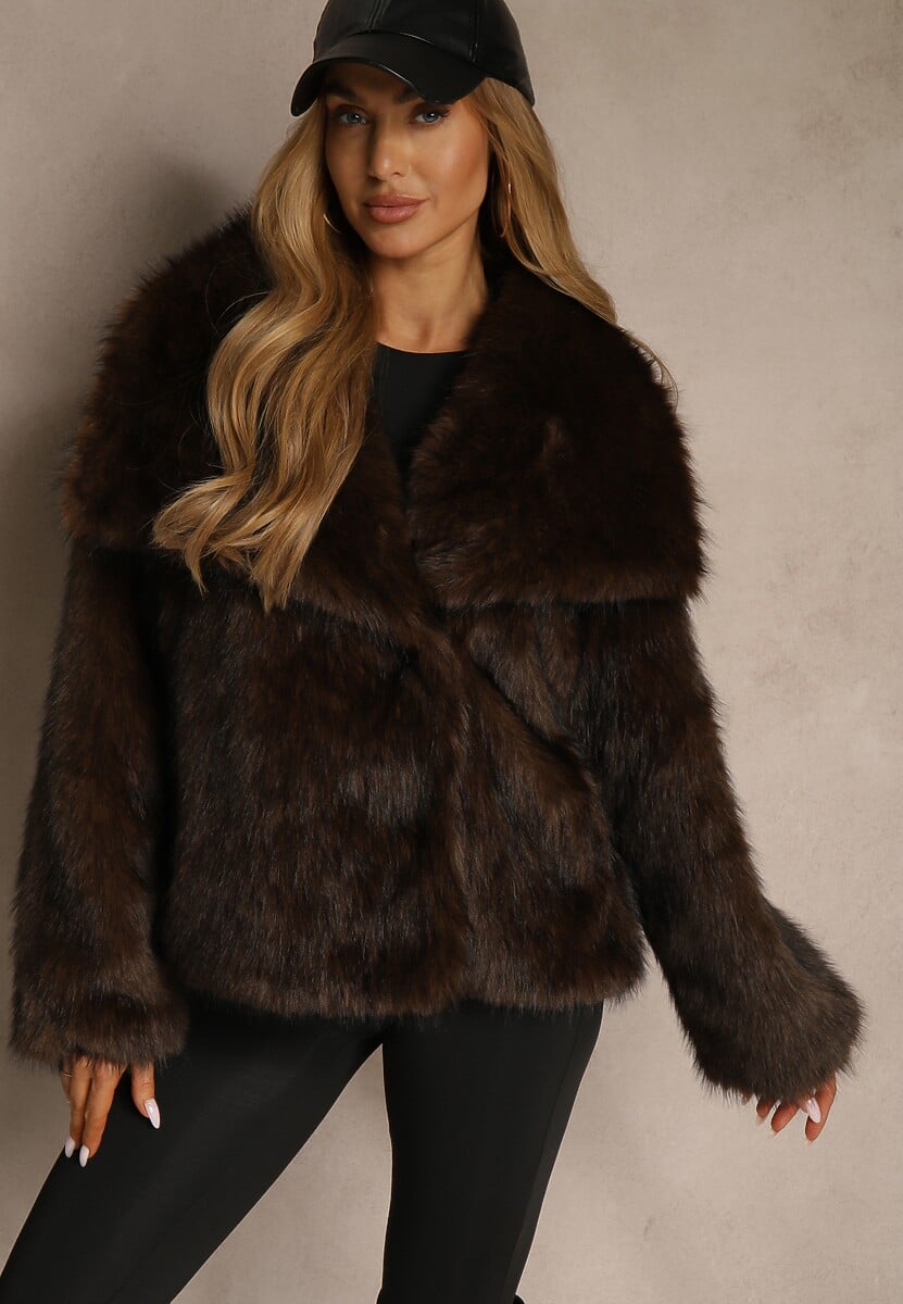 Brązowa Kurtka Futerko o Kroju Oversize z Szerokim Kołnierzem Reissa