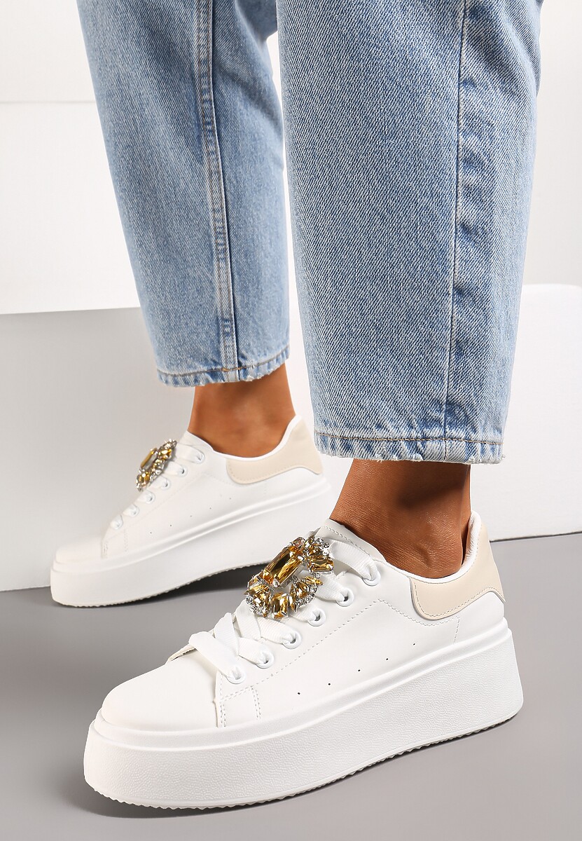 Biało-Beżowe Sneakersy na Grubej Podeszwie z Ozdobną Aplikacją Kamienia  Danthia