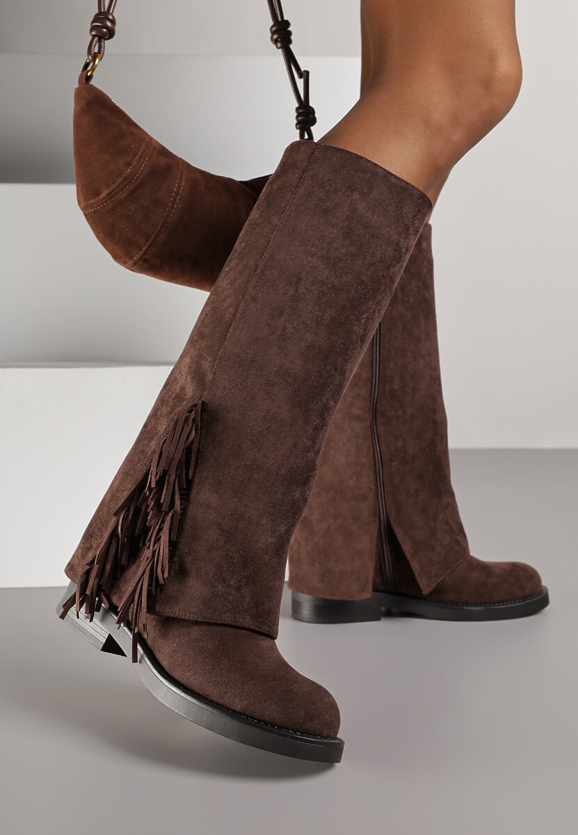 Brązowe Kozaki Ozdobione Frędzlami i Wywiniętą Cholewką Reilevia