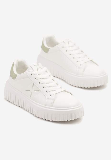 Biało-Zielone Sneakersy na Platformie z Tłoczeniem i Brokatową Wstawką Nuselin