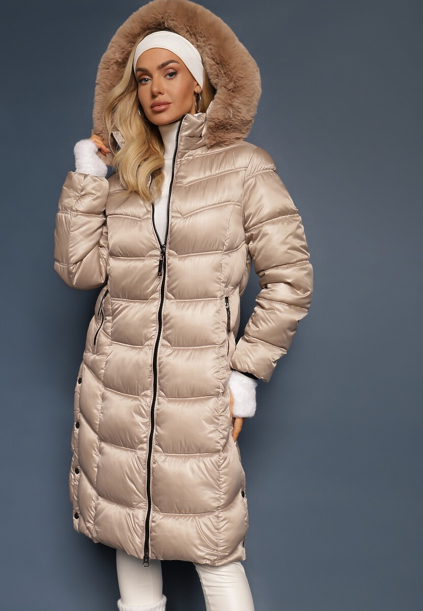 Beżowa Kurtka Płaszcz za Kolano z Pikowaniem i Odpinanym Kapturem Calarin