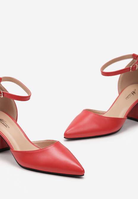 Czerwone Czółenka na Słupku z Noskiem w Szpic i Paskiem Przy Kostce Triga